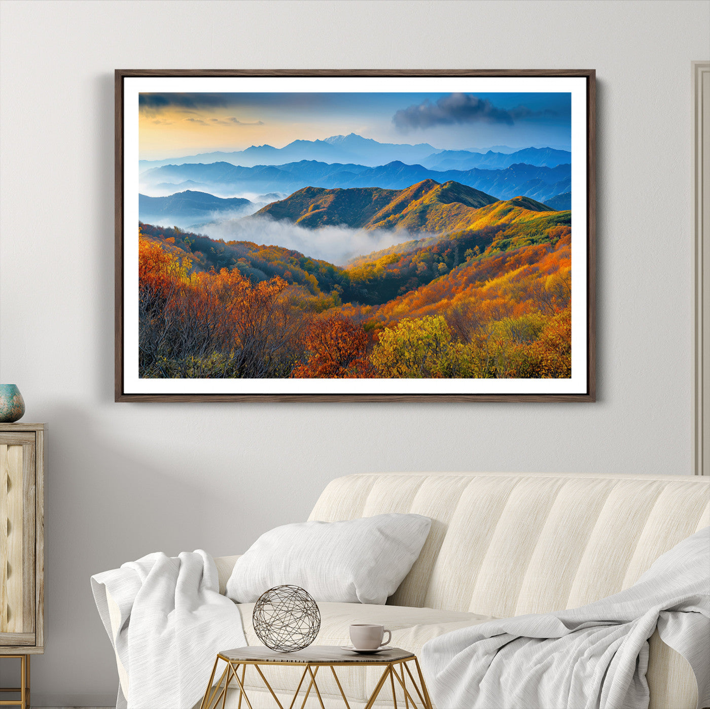 86772247-MGC-FP-36x24-Autumn Mountains Wall Art Canvas Print – Foggy Peaks Colorful Foliage Serene Landscape Nature Artwork for Home Office
