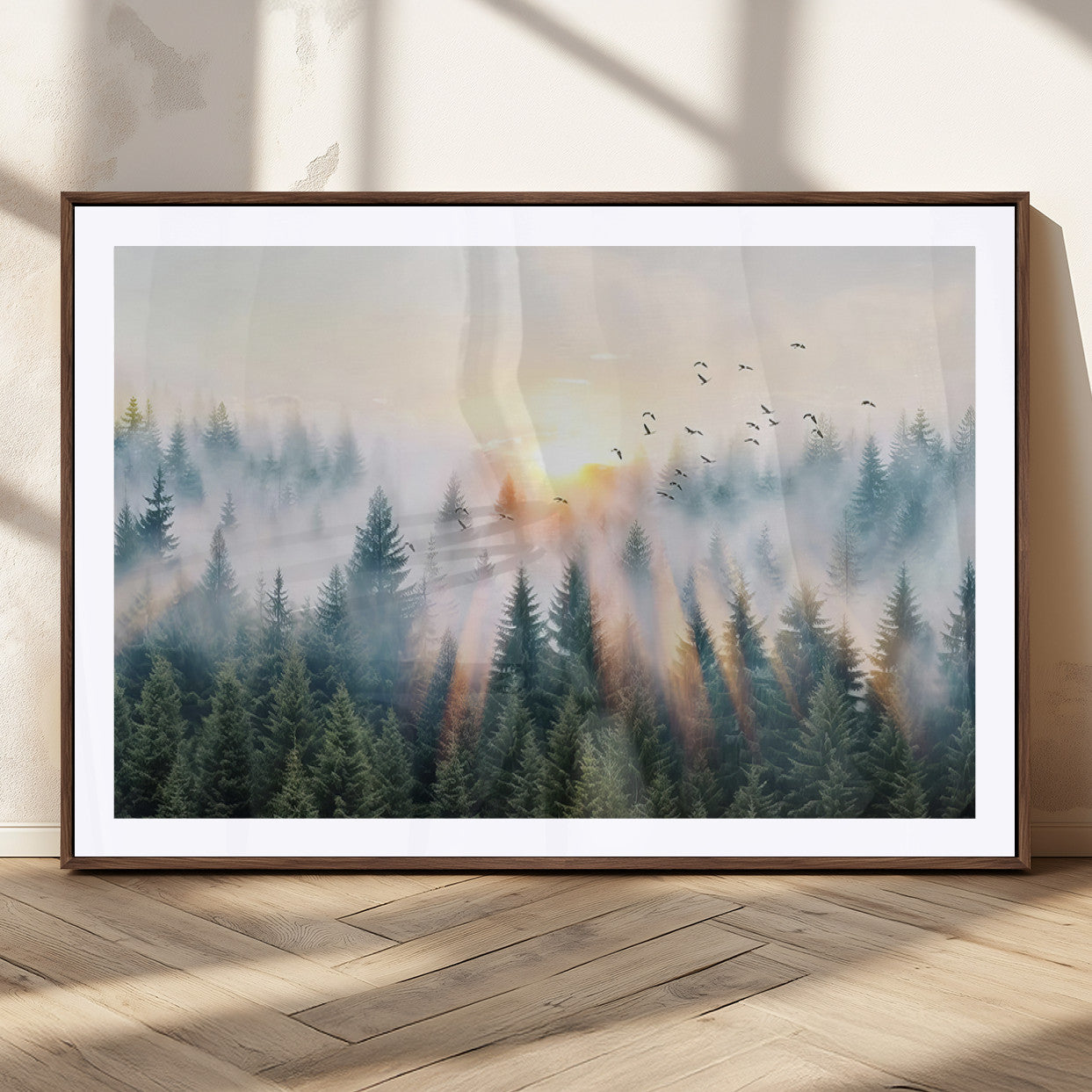 MGC-FP-36x24 - Misty Pine Forest Wall Art Canvas, Sunrise Over Foggy Trees Canvas for Home - Office, Framed