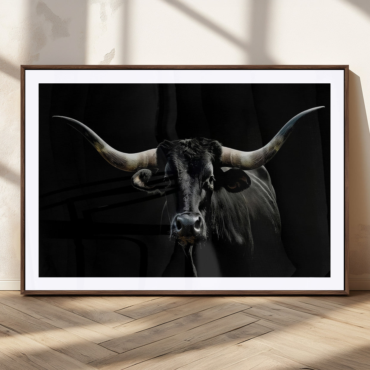 MGC-FP-36x24 - Texas Black Bull Wall Art Print, Longhorn Bull Canvas Wall Art