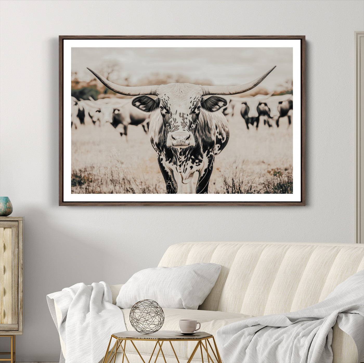 Texas Longhorn Wall Art Canvas Print, Framed Speckled Cow Art Picture Print, Horned Cattle Perfect Rustic Western Decor Artwork