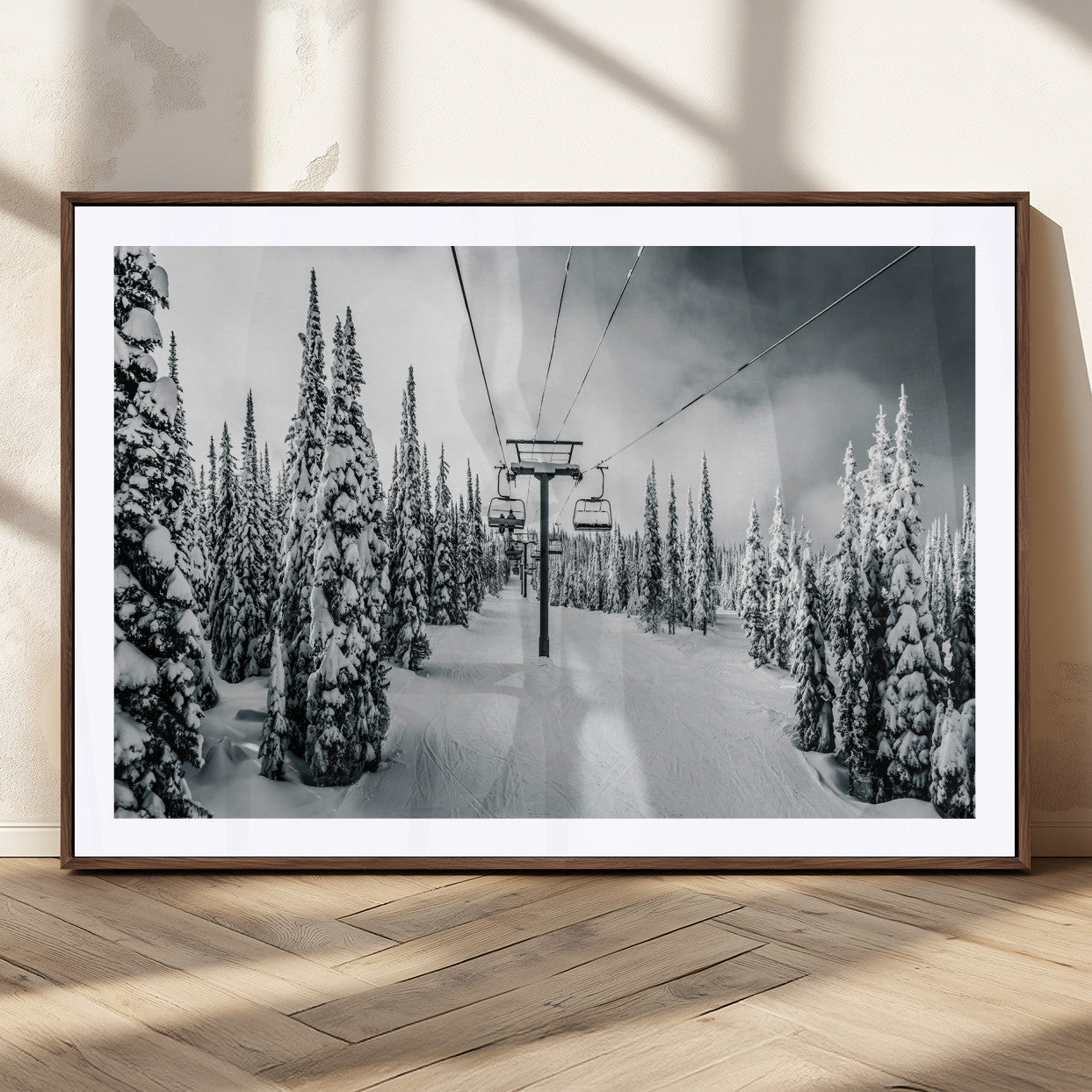 MGC-FP-36x24 - Snowy Pines Wall Art Canvas Print, Framed Ski Lift Art Picture Print, Winter Forest Perfect Moody Lodge Decor Artwork