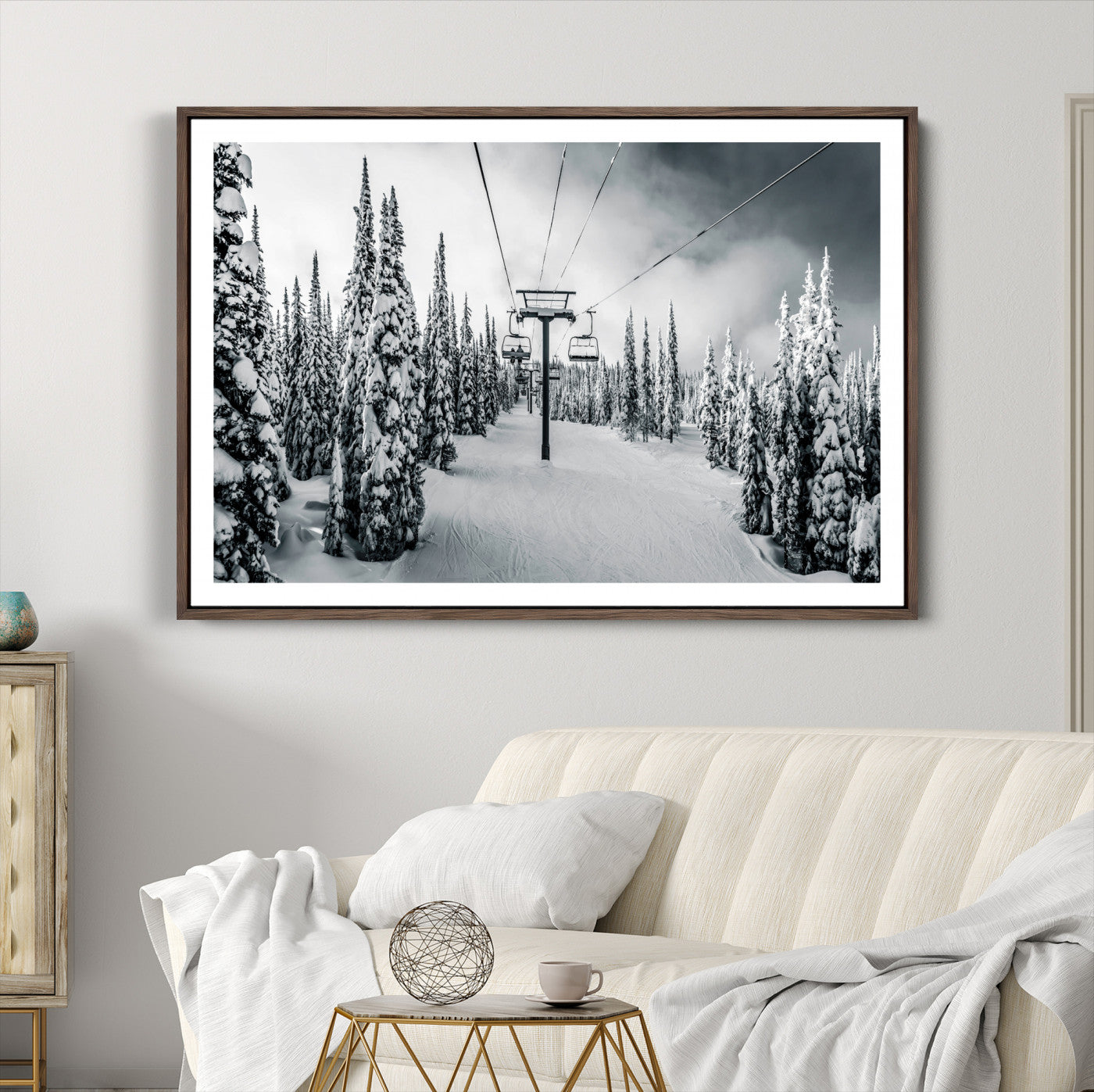 31156828-MGC-FP-36x24_Walnut-Snowy Pines Wall Art Canvas Print, Framed Ski Lift Art Picture Print, Winter Forest Perfect Moody Lodge Decor, Ski Lift Wall Art Canvas