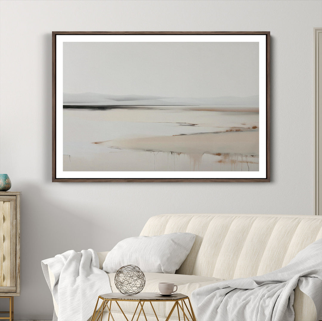 Minimalist Landscape Wall Art Canvas Print, Framed Soft Horizon Art Picture Print, Abstract Seascape Perfect Minimalist Earthy Decor, Framed
