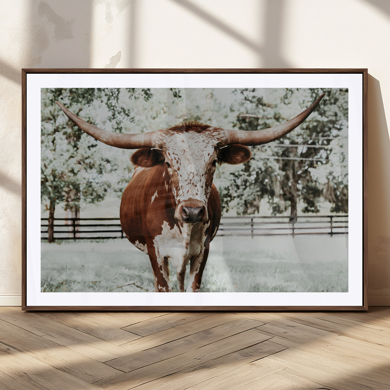 MGC-FP-36x24 - Texas Longhorn Wall Art Canvas Print, Framed Spotted Cow Art Picture Print, Horned Cattle Perfect Rustic Western Decor Artwork