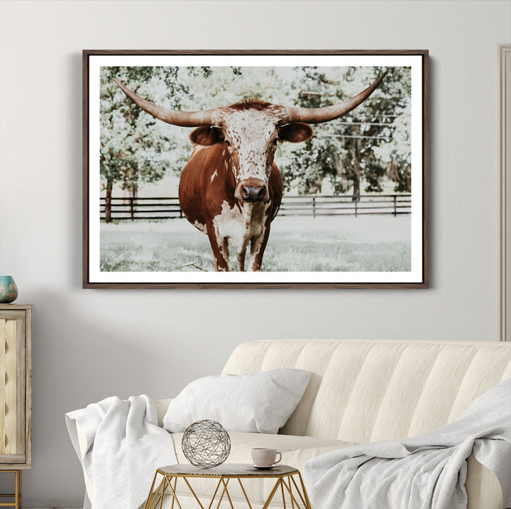 Texas Longhorn Wall Art Canvas Print, Framed Spotted Cow Art Picture Print, Horned Cattle Perfect Rustic Western Decor, Framed Horned Cattle Print
