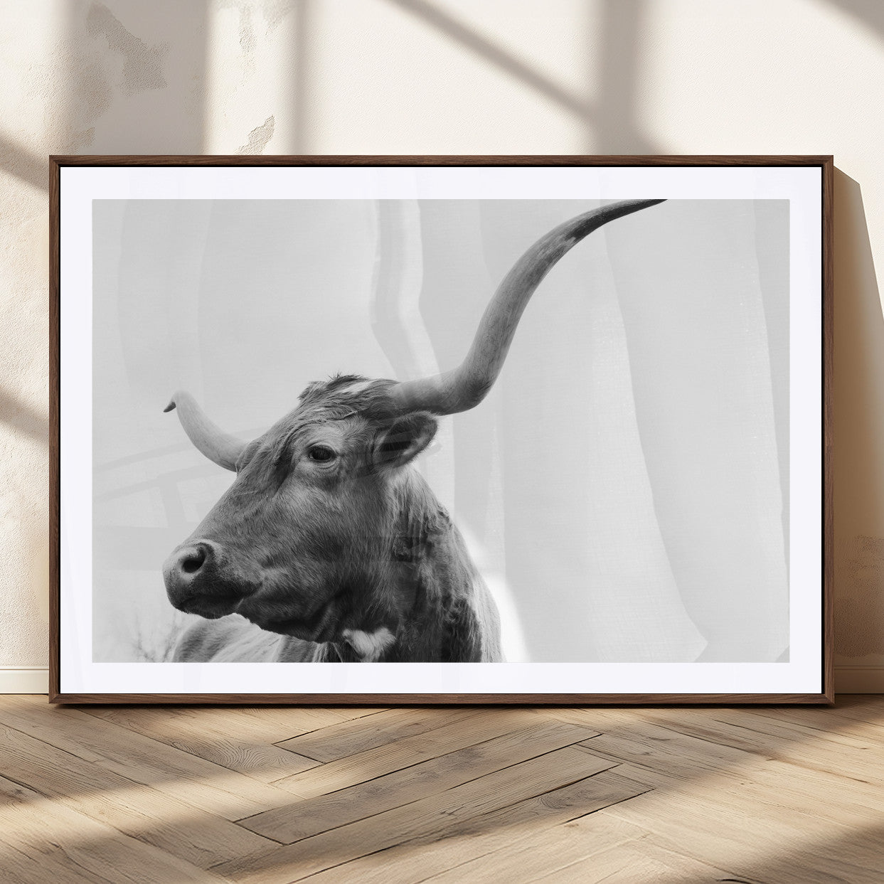 MGC-FP-36x24 - Longhorn Wall Art Wall Art Canvas Print, Framed Modern Ranch Style Art Art Picture Print, Monochrome Cow Print Perfect Rustic Western Decor Artwork