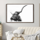 64392617-MGC-FP-36x24_Walnut-Longhorn Wall Art Wall Art Canvas Print, Framed Modern Ranch Style Art Art Picture Print, Monochrome Cow Print Perfect Rustic Western Decor