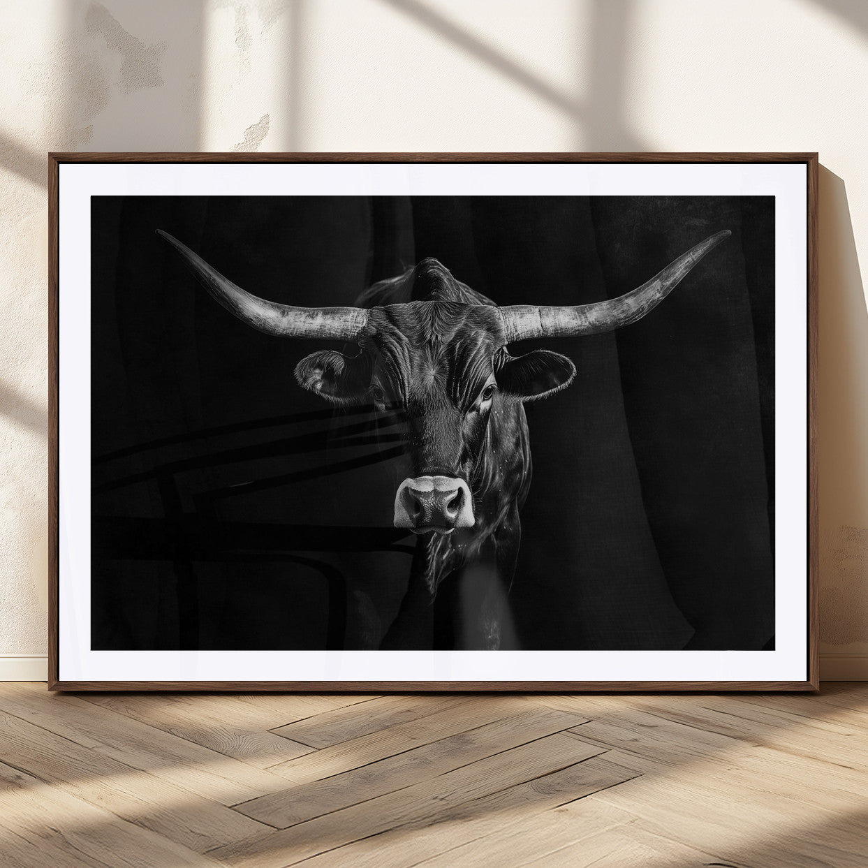 MGC-FP-36x24 - Texas Longhorn Wall Art Canvas Print, Framed Monochrome Bull Art Picture Print, Horned Bull Perfect Rustic Western Decor Artwork