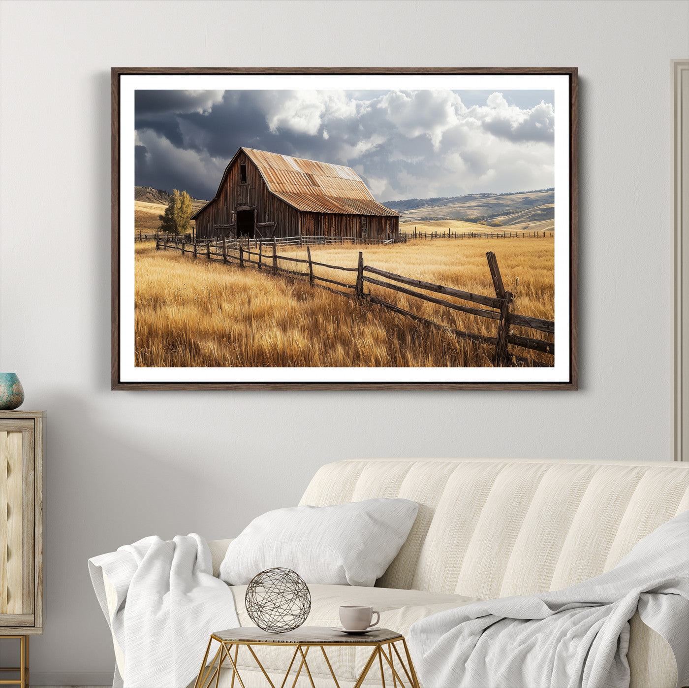 38758826-MGC-FP-36x24-Rustic Barn Wall Art Canvas Print – Framed Moody Barn Golden Field Countryside Farmhouse Landscape Artwork for Home Office