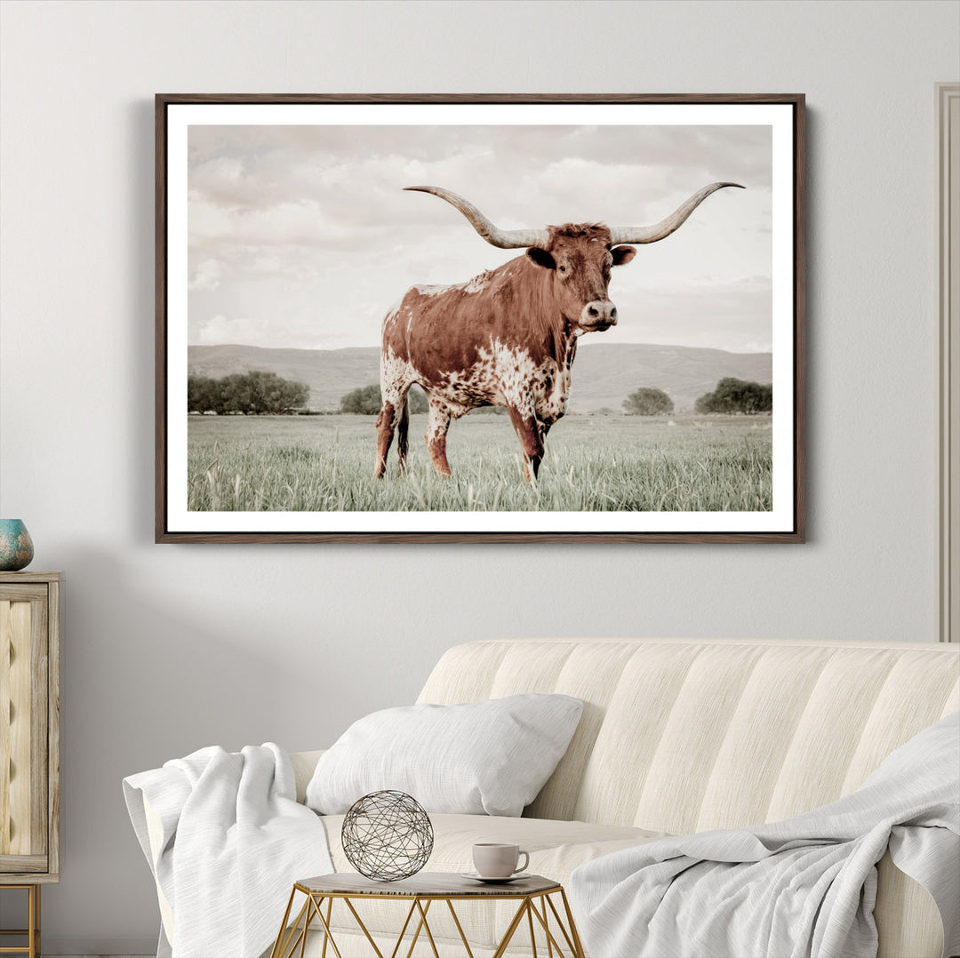 Texas Longhorn Wall Art Canvas Print, Framed Spotted Cattle Art Picture Print, Horned Bull Perfect Rustic Western Decor Artwork