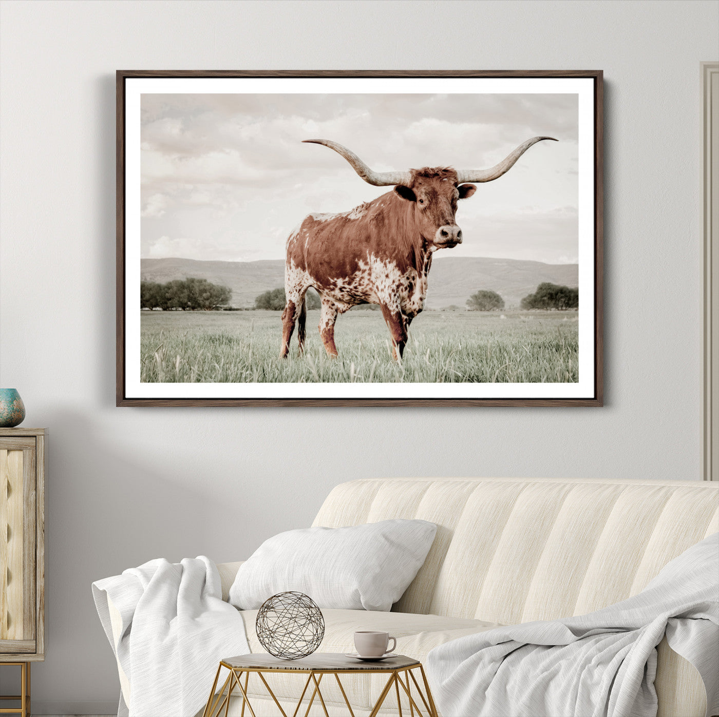 28309012-MGC-FP-36x24-Texas Longhorn Wall Art Canvas Print – Framed Spotted Cattle Horned Bull Western Ranch Animal Artwork for Home Office
