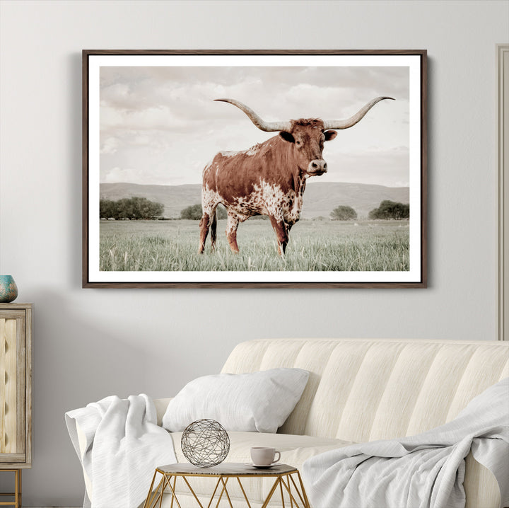 Texas Longhorn Wall Art Canvas Print, Framed Spotted Cattle Art Picture Print, Horned Bull Perfect Rustic Western Decor Artwork