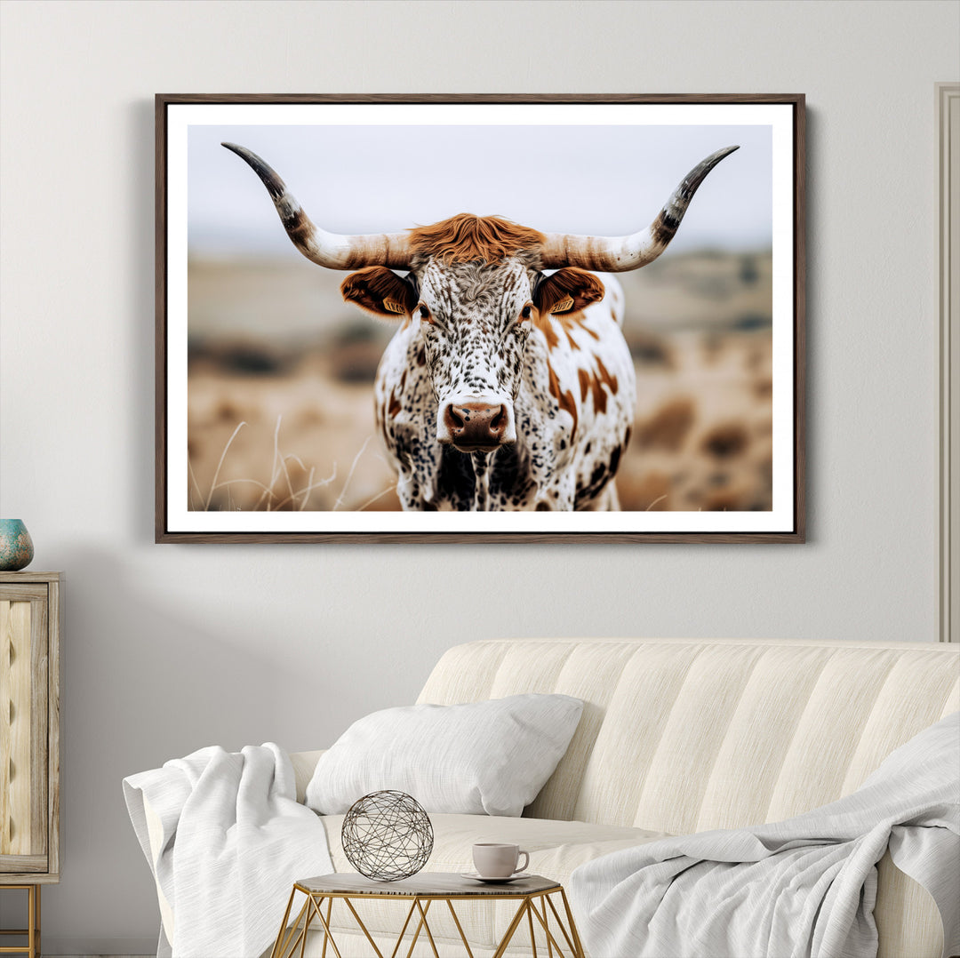Texas Longhorn Wall Art Canvas Print, Framed Spotted Cow Art Picture Print, Horned Cattle Perfect Rustic Western Decor Artwork