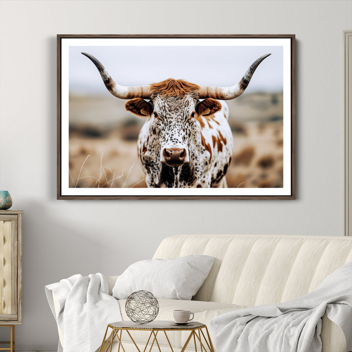 Texas Longhorn Wall Art Canvas Print, Framed Spotted Cow Art Picture Print, Horned Cattle Perfect Rustic Western Decor Artwork