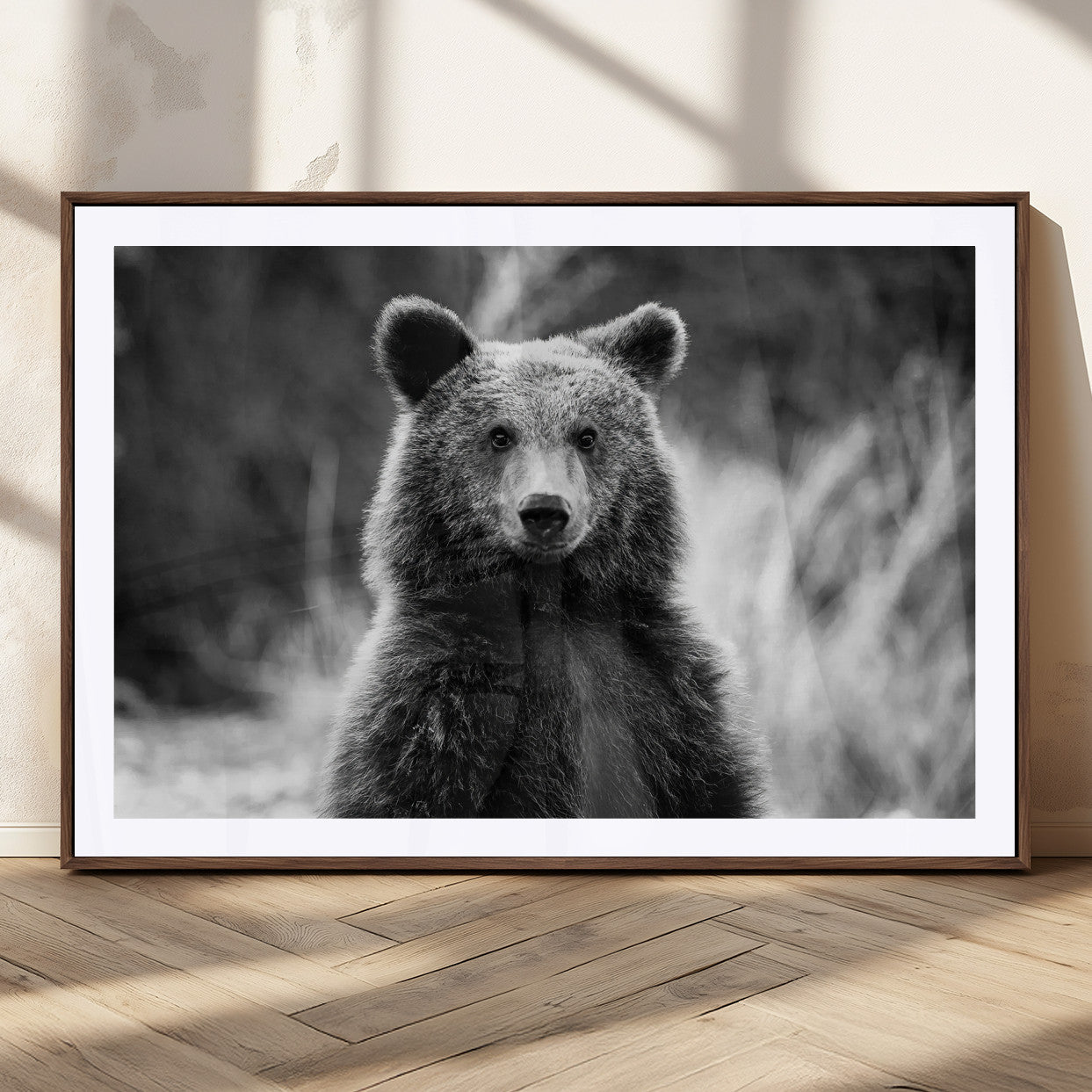 MGC-FP-36x24 - Grizzly Bear Wall Art Canvas Print, Framed Black White Bear Art Picture Print, Wild Bear Perfect Rustic Wildlife Decor Artwork