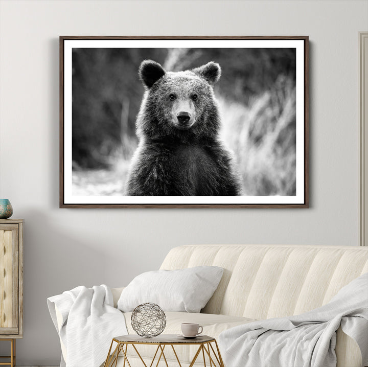 Grizzly Bear Wall Art Canvas Print, Framed Black White Bear Art Picture Print, Wild Bear Perfect Rustic Wildlife Decor