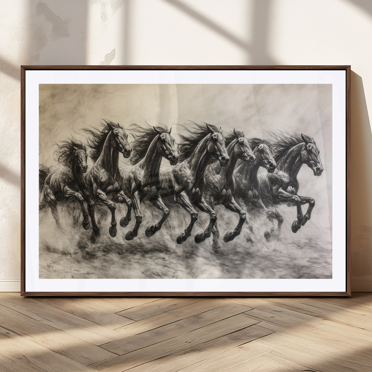Monochrome drawing of a herd of galloping horses, perfect for dynamic and wild-themed decor in any equestrian or nature-inspired room.