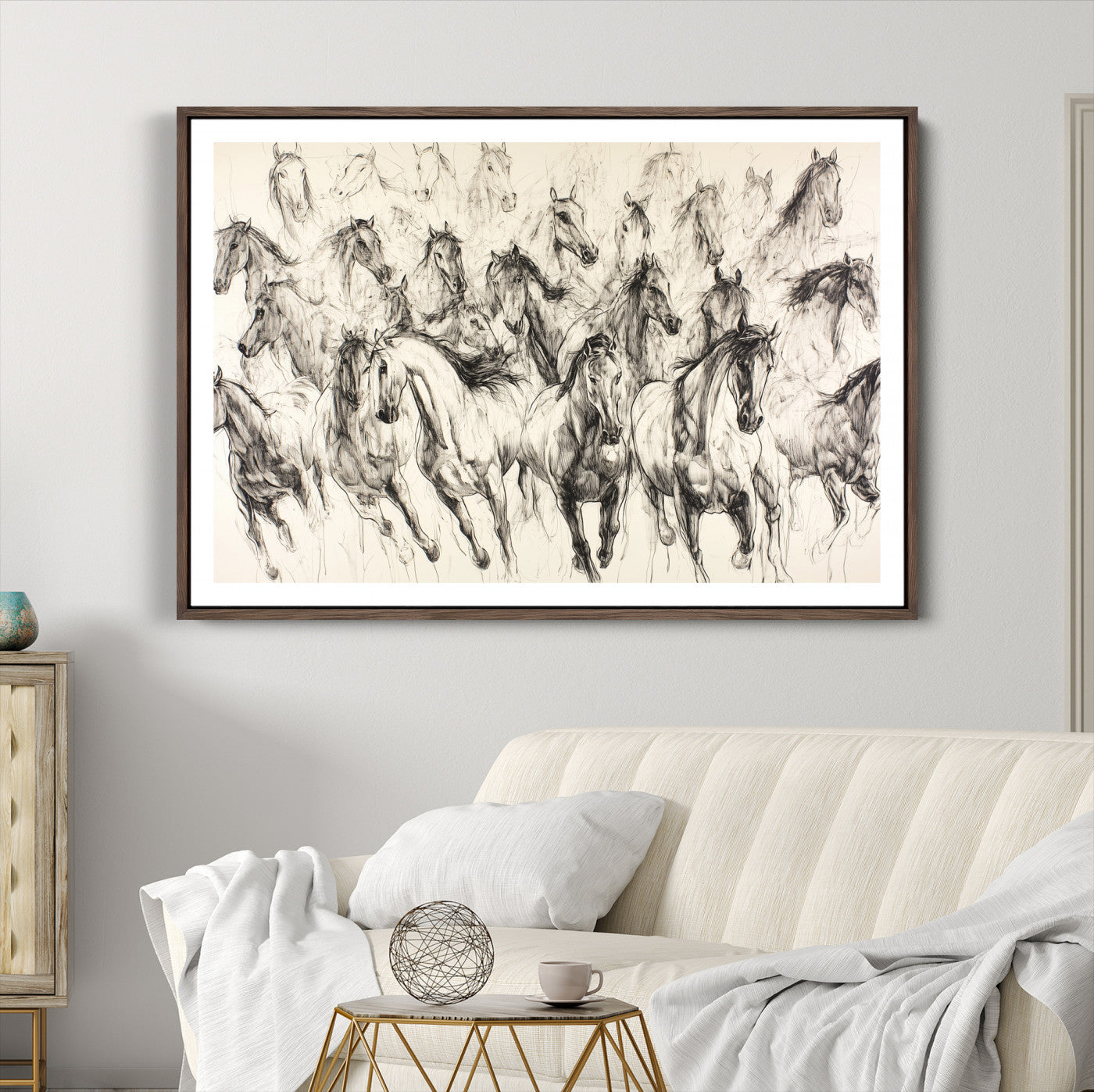Running Horses Wall Art Canvas Print, Framed Horse Sketch Art Picture Print, Galloping Herd Perfect Monochrome Western Decor