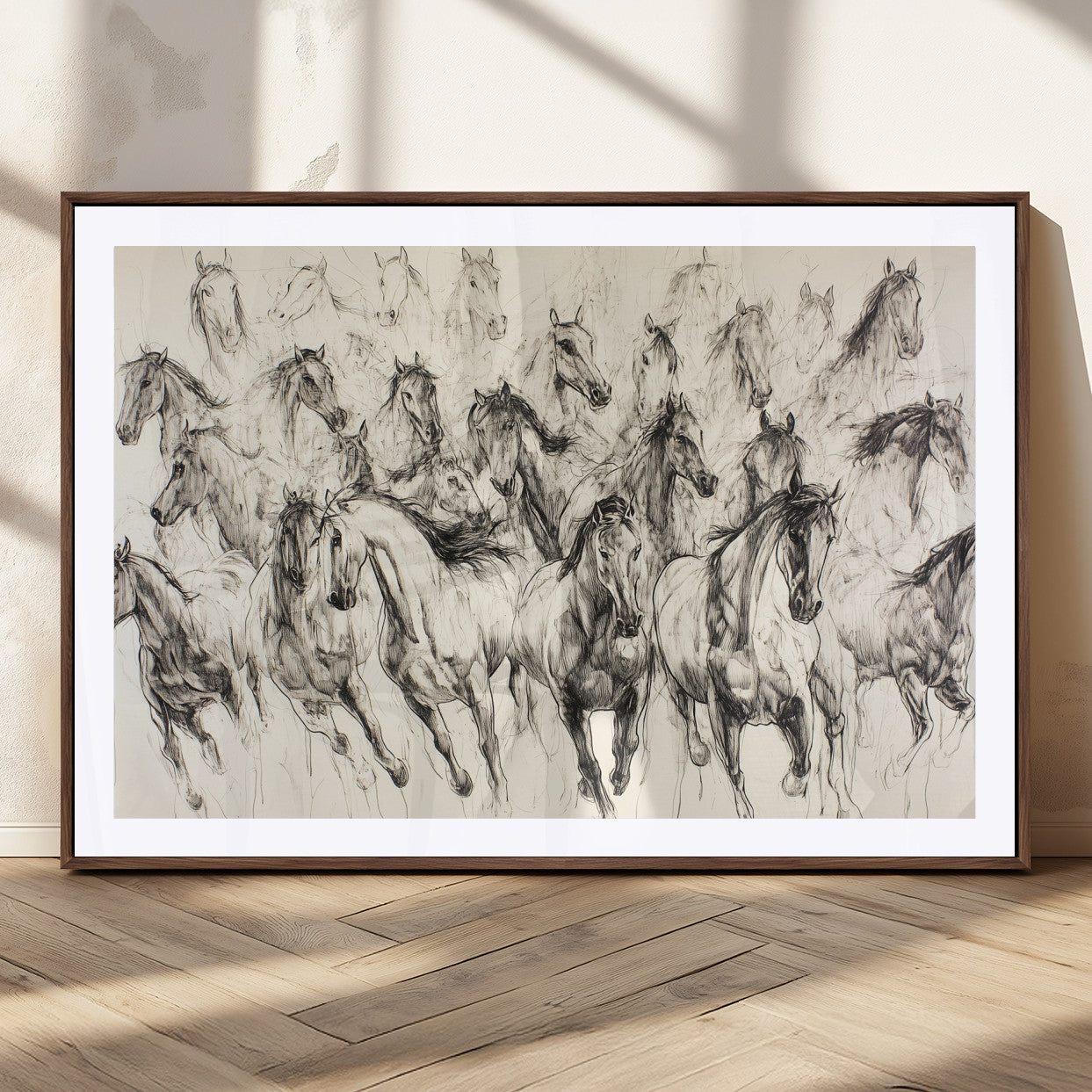 Monochrome ink sketch of galloping horses in dynamic motion, perfect for western or equine-themed wall decor with bold artistic energy.