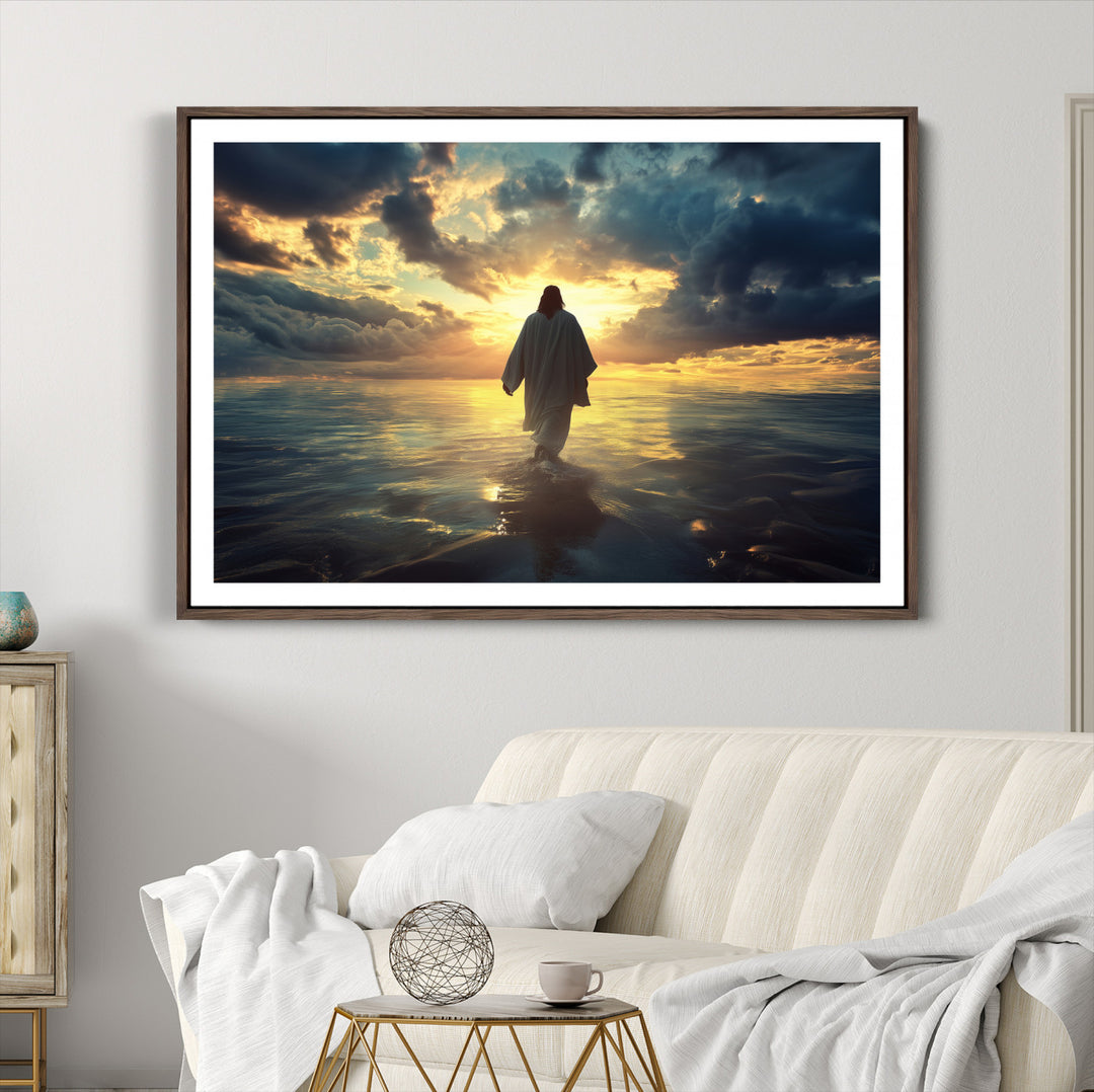 Jesus Walks Wall Art Canvas Print, Framed Divine Sunset Art Picture Print, Spiritual Light Perfect Spiritual Tranquil Decor Artwork