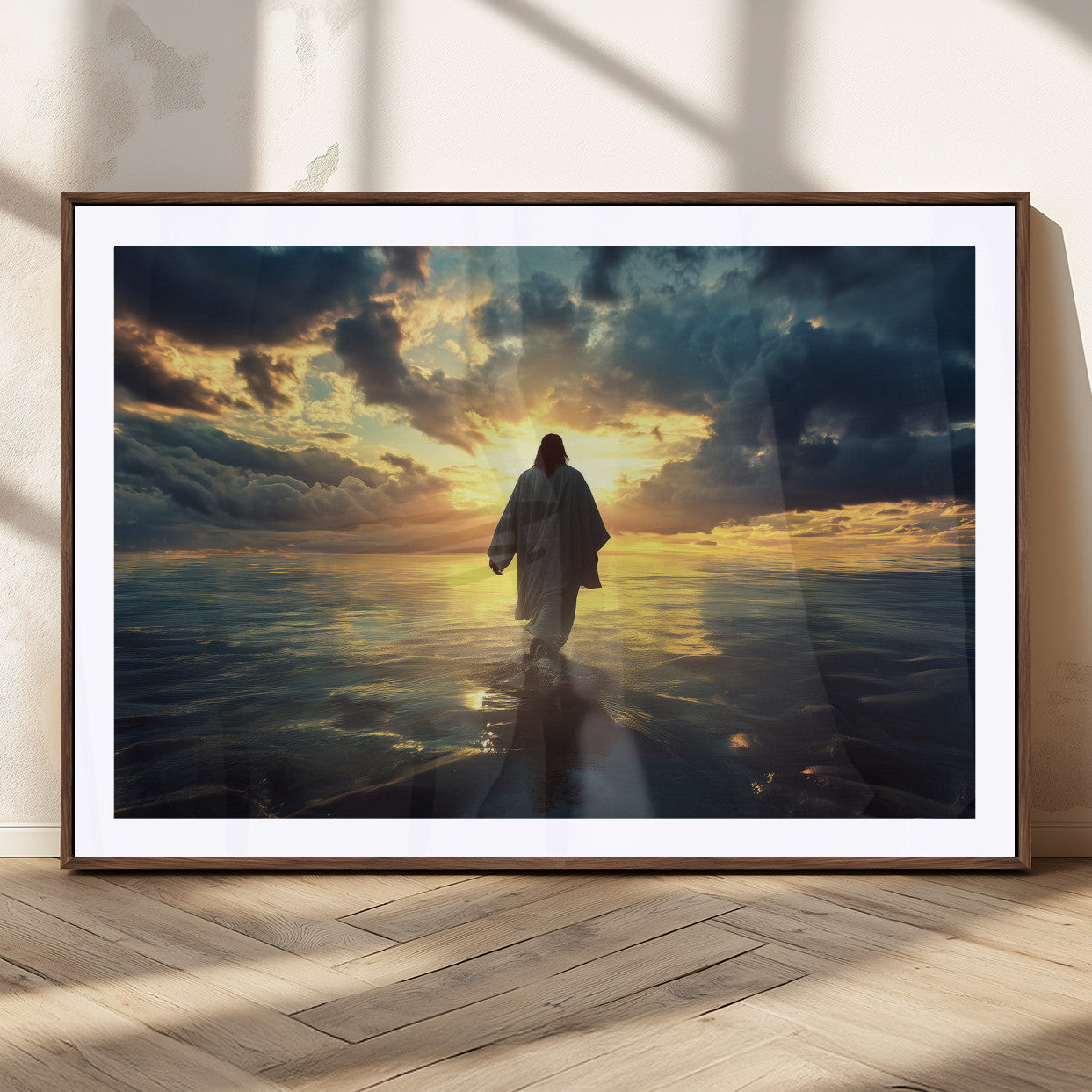 Spiritual artwork of Jesus walking on water at golden hour with divine light, ideal for Christian home decor or prayer room.