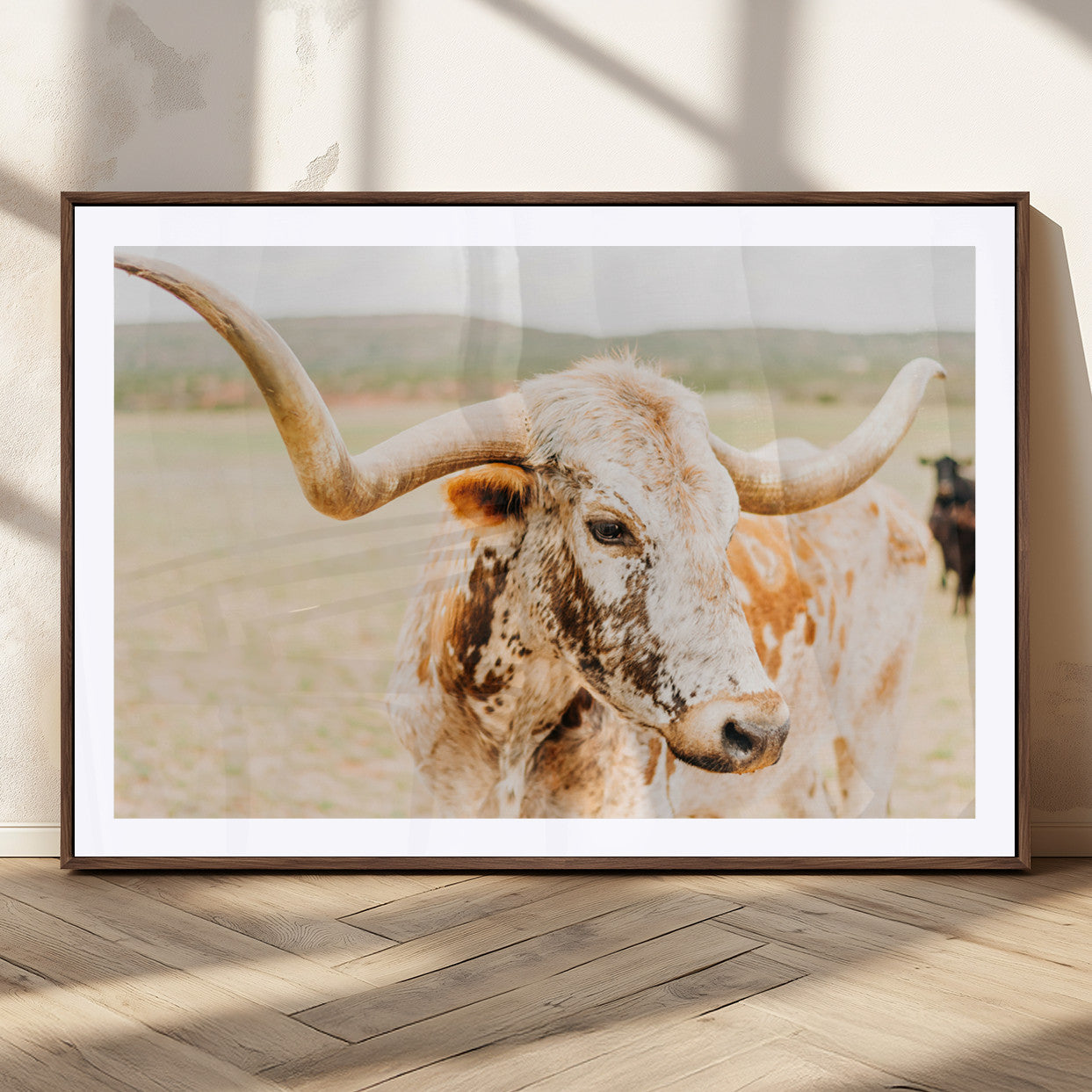 Close-up of a speckled Texas Longhorn in warm prairie tones, perfect for rustic western or countryside-themed room decor.