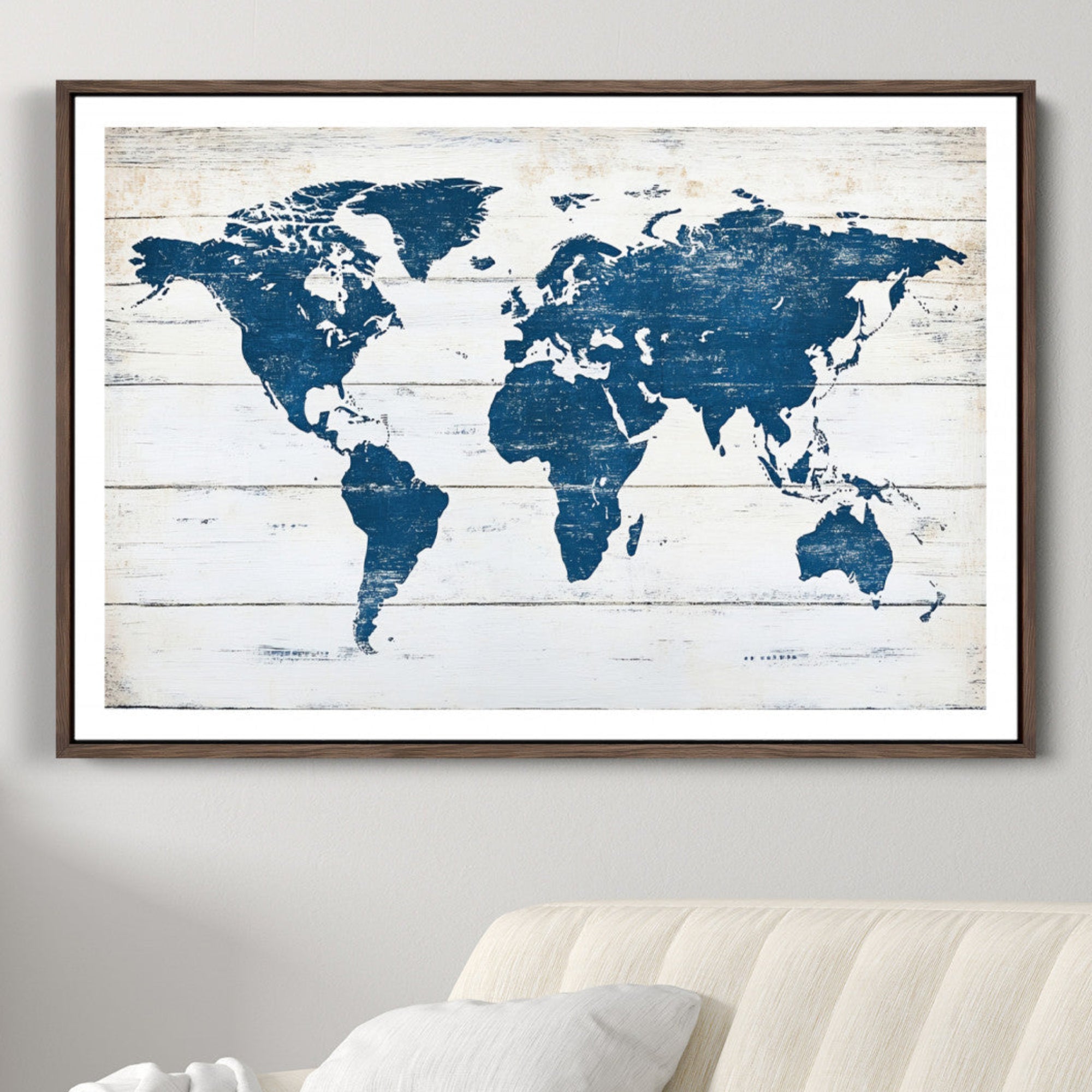 54107201-MGC-FP-36x24-Framed Push Pin World Map Canvas Print – Rustic Blue Wall Art for Home and Office Decor, Travel Map Gift
