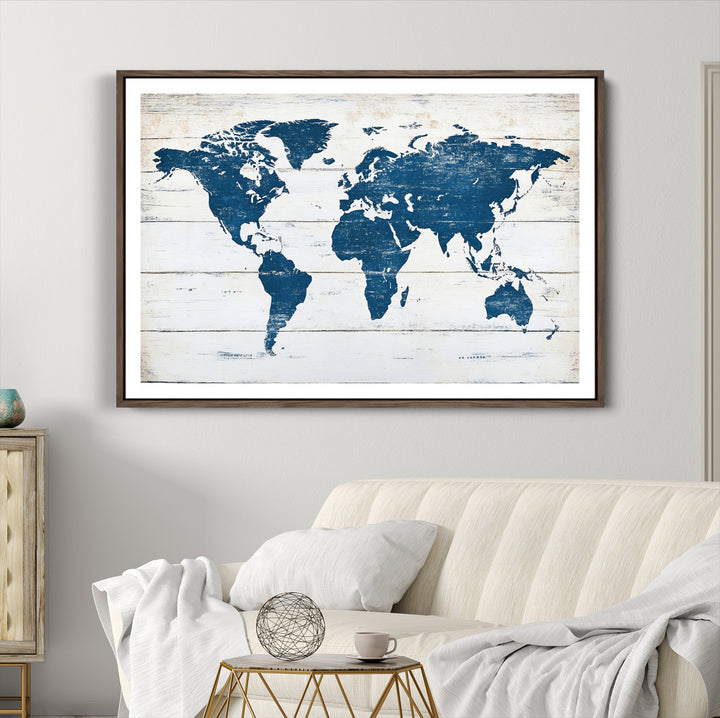 World Map Wall Art Canvas Print, Framed Rustic Atlas Art Picture Print, Wooden Map Perfect Vintage Decor Artwork