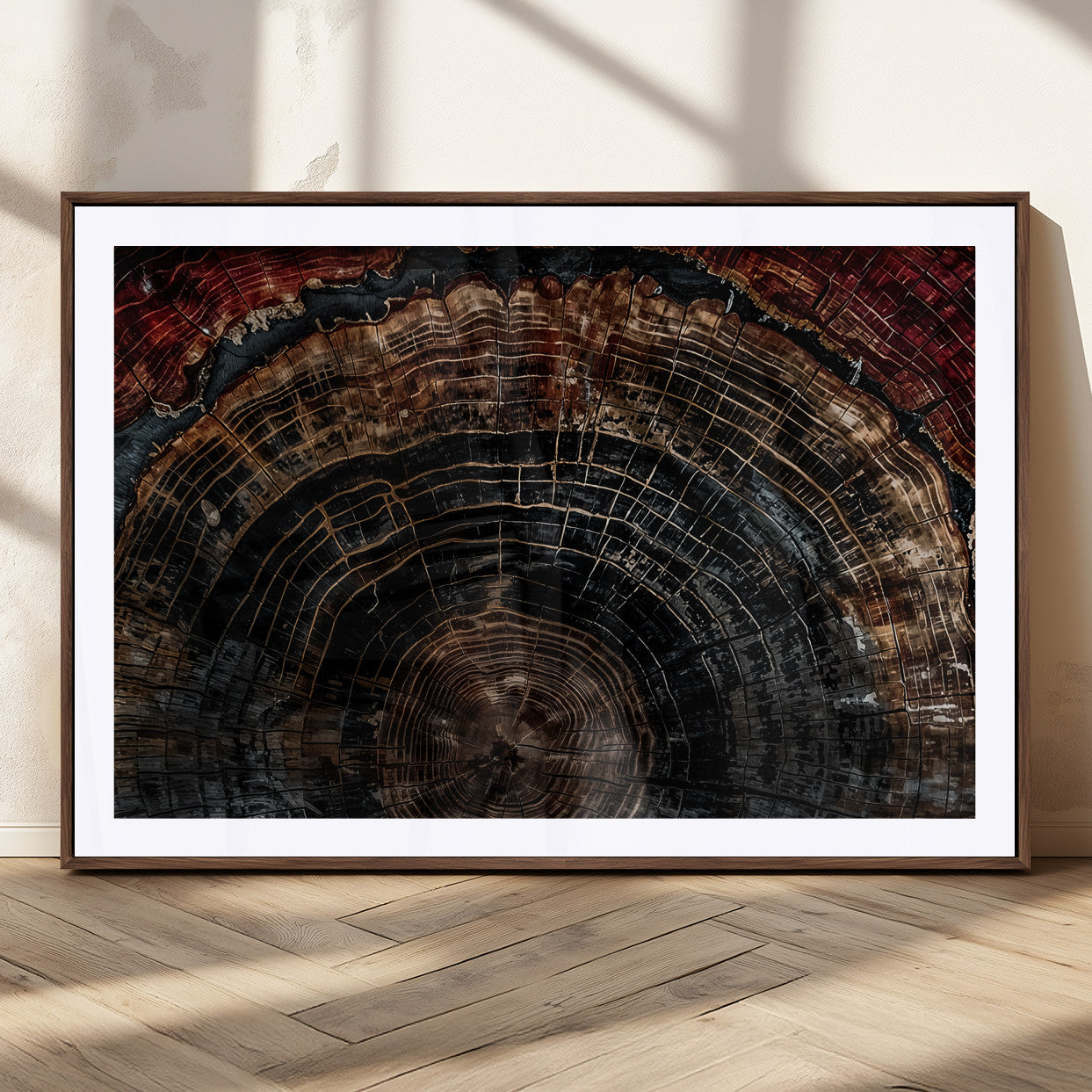 MGC-FP-36x24 - Dark Wood Ring Wall Art Canvas Print, Framed Abstract Wood Tree Art Picture Print, Rustic Tree Slice Perfect Rustic Decor Artwork