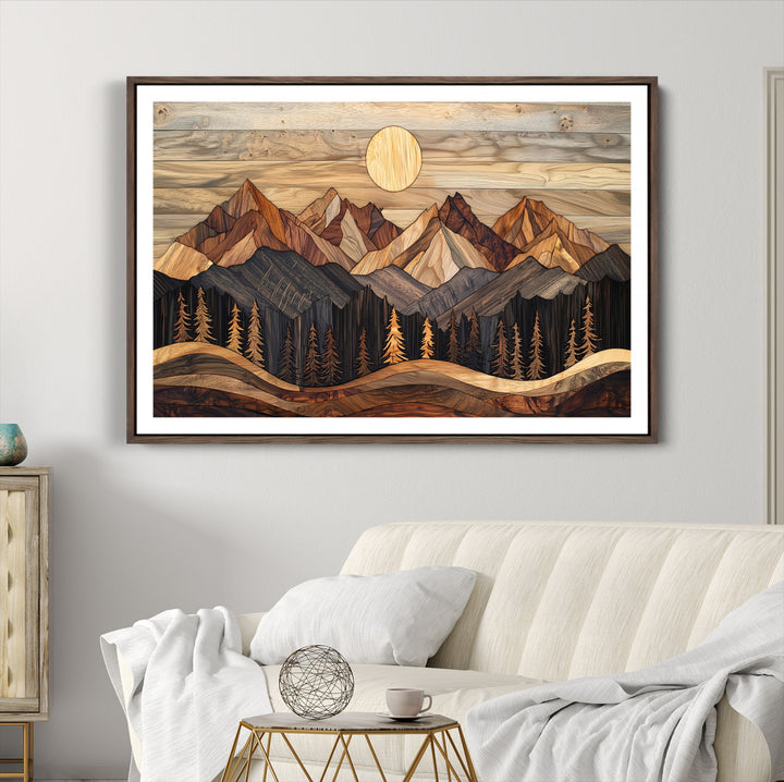 Wood Mountain Wall Art Canvas Print, Framed Boho Wood Art Print, Abstract Woodland Farmhouse Decor
