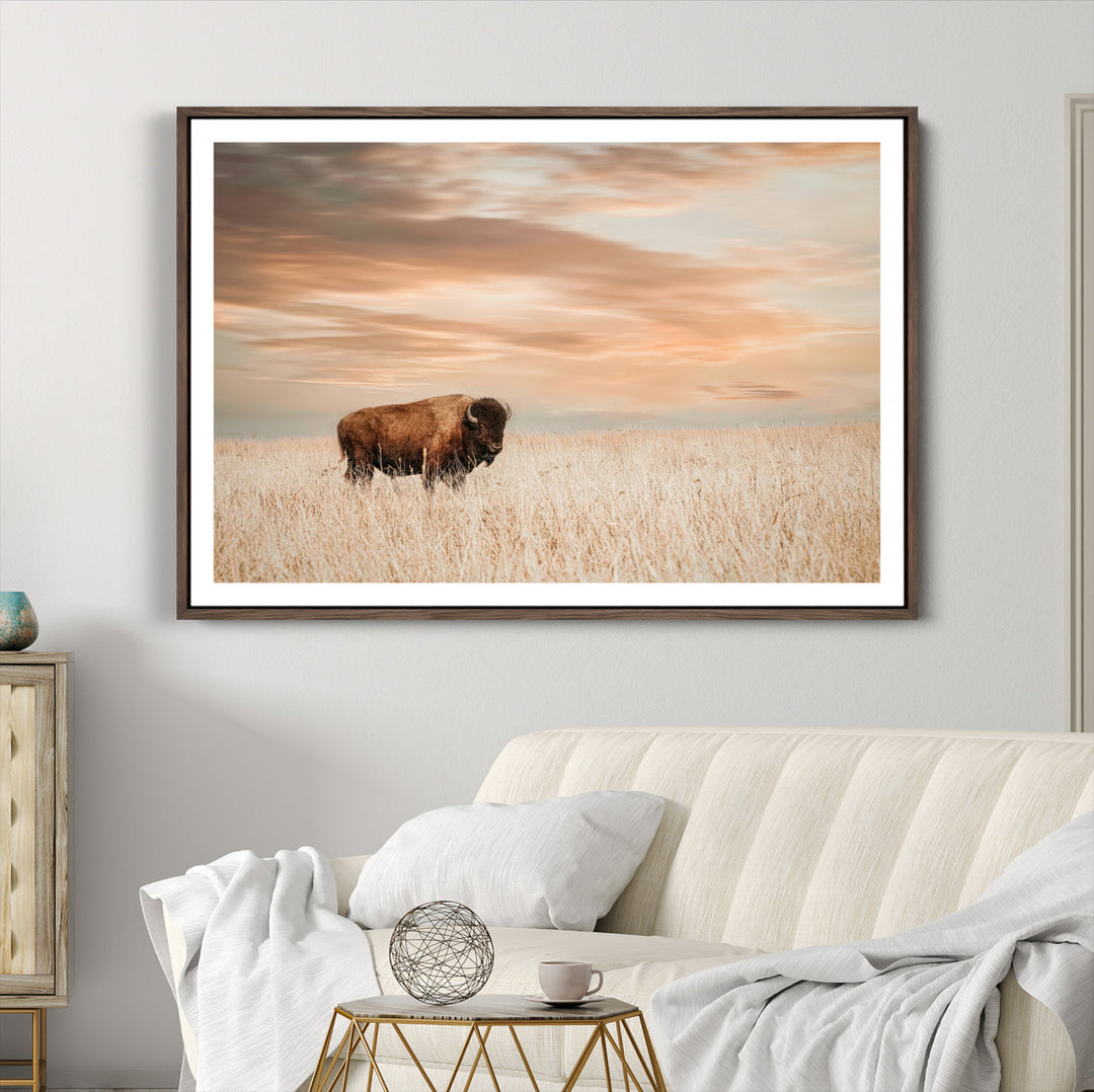 Bison Wall Art Canvas Print, Buffalo Print, Framed Western Prairie Art Print, Large Rustic Wildlife Printing Perfect for Rustic Decor