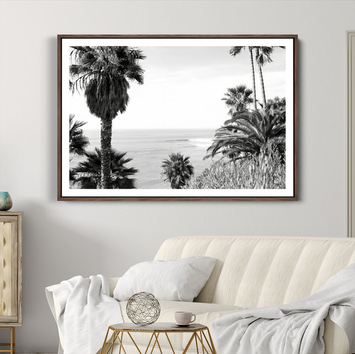 Palm Trees Wall Art Canvas Print, Framed Coastal Art Picture Print, Ocean Horizon Perfect Monochrome Coast Decor
