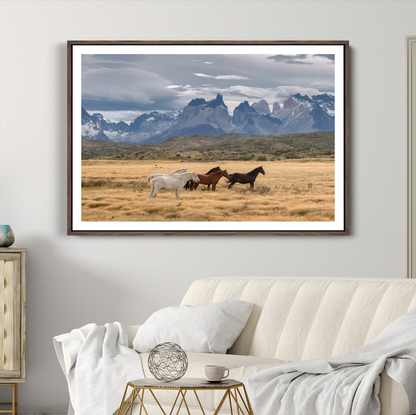 69960232-MGC-FP-36x24-Horses Grazing Wall Art Canvas Print – Framed Mountain Field Scenic Landscape Cloudy Sky Nature Artwork for Home Office