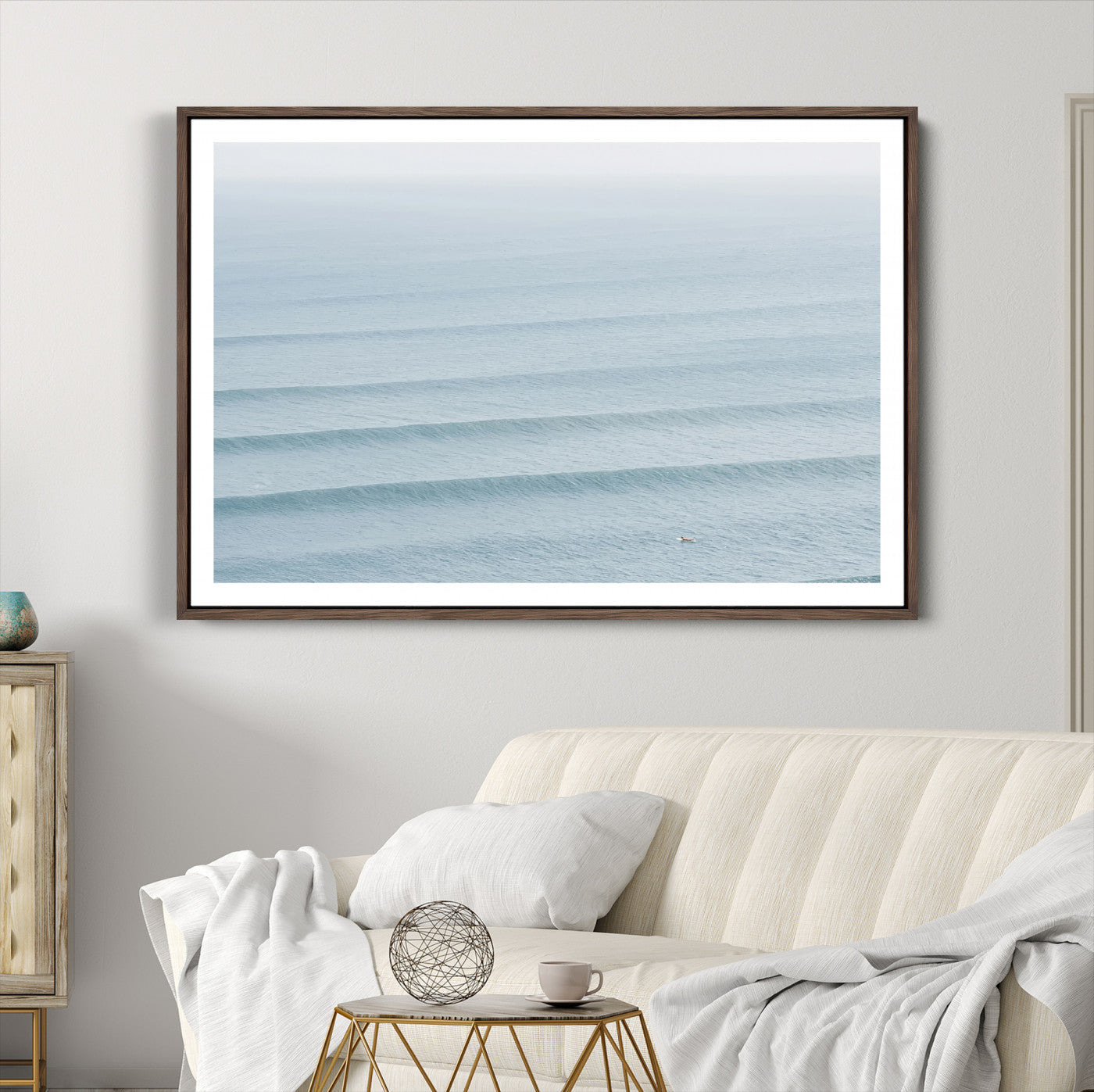 47814787-MGC-FP-36x24-Ocean Waves Wall Art Canvas Print – Framed Solo Surfer Wave Lines Coastal Seascape Nature Artwork for Home Office