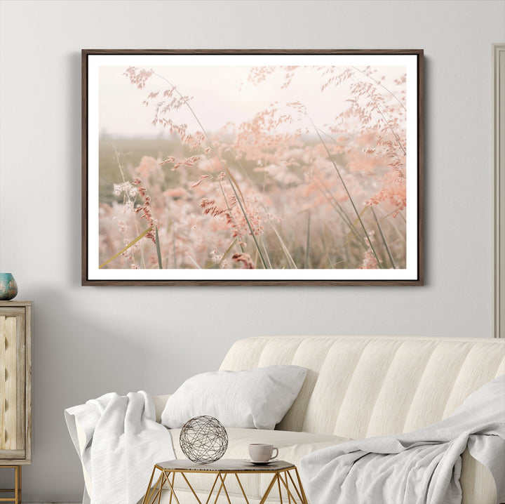 Pastel Grasses Wall Art Canvas Print, Soft Meadow Print, Framed Field in Breeze Art Print, Large Pink Meadow Printing Soft Pastel
