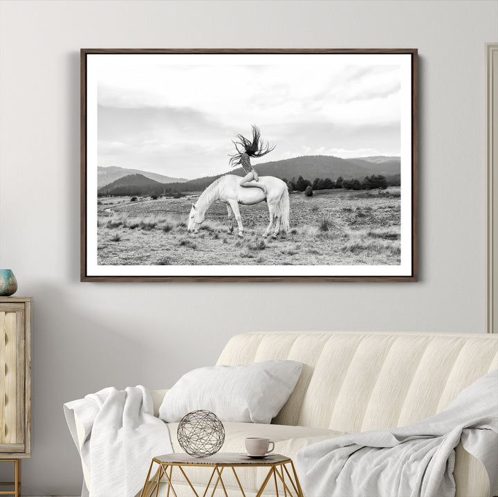 White Horse Wall Art Canvas Print, Woman Rider Print, Framed Equestrian Pose Art Print, Large Grazing Horse Printing Western Boho