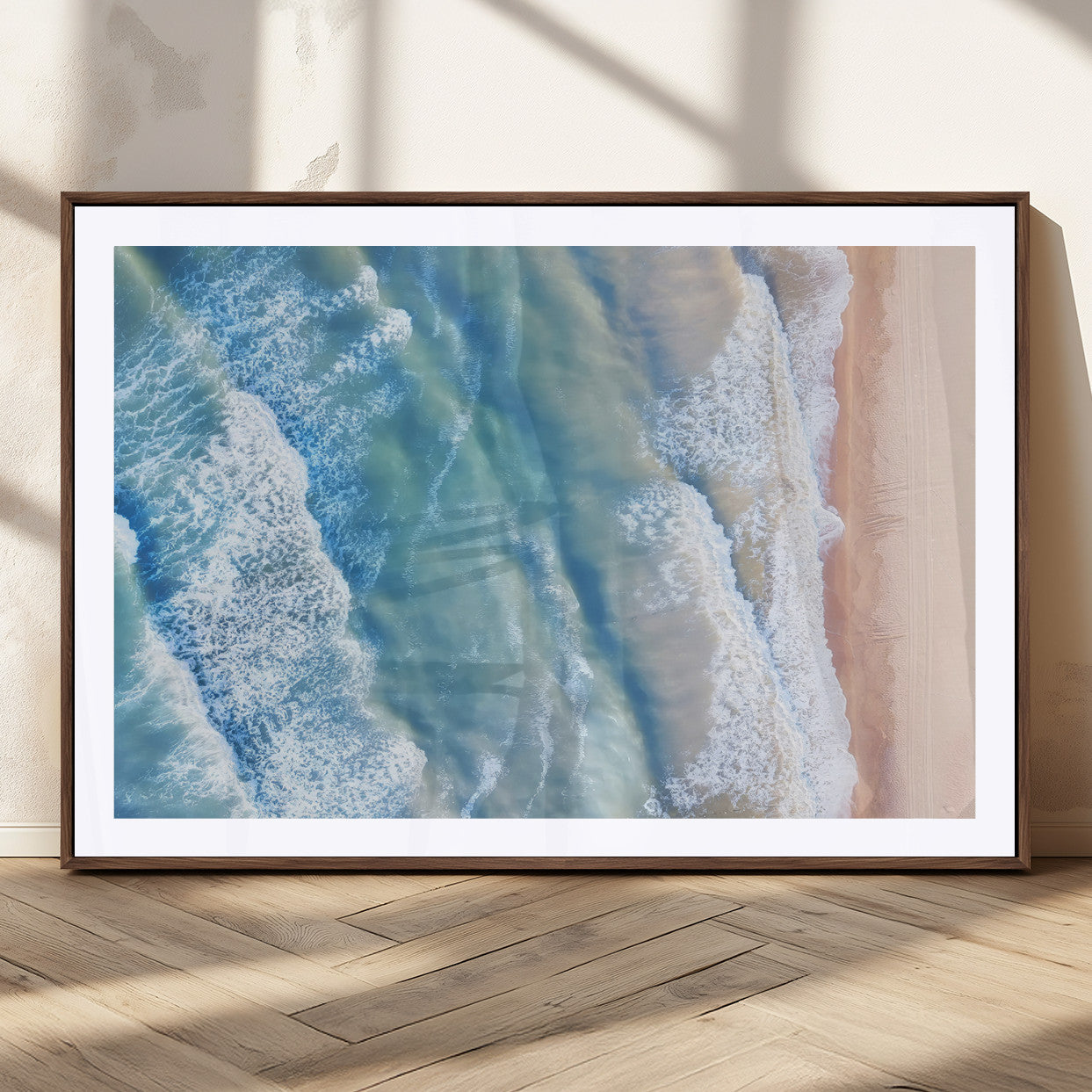 MGC-FP-36x24 - Aerial Ocean View Wall Art Canvas Print, Framed Soft Blue Waves Art Picture Print, Sandy Shoreline Perfect Modern Coastal Decor Artwork