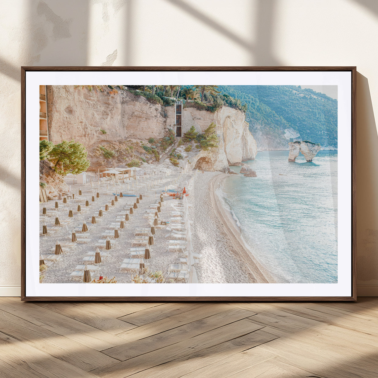 84816639-MGV-CV-36X24 - Sunny Beach Wall Art – Chairs & Umbrellas Canvas Print, Clear Water, Rocky Cliffs, Coastal Calm for Living Room or Vacation Home Decor