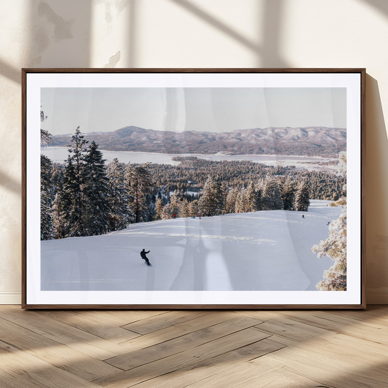 79857868-MGV-CV-36X24 - Snowboarder Wall Art – Winter Slope Canvas Print, Pine Forest, Snow-Covered Mountains, Outdoor Adventure for Living Room or Cabin Decor