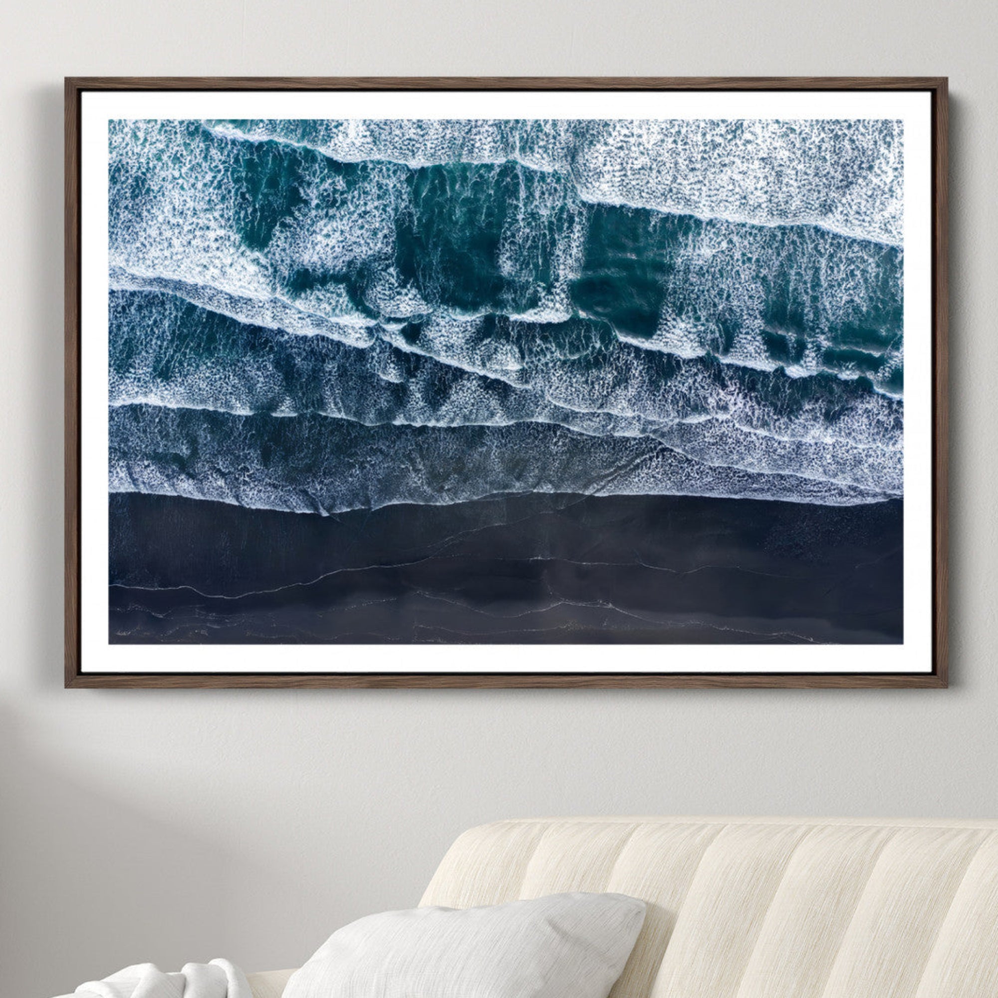 87941475-MGC-FP-36x24-Black Beach Wall Art Canvas Print – Framed Aerial Ocean View Moody Coastal Seascape Nature Artwork for Home Office