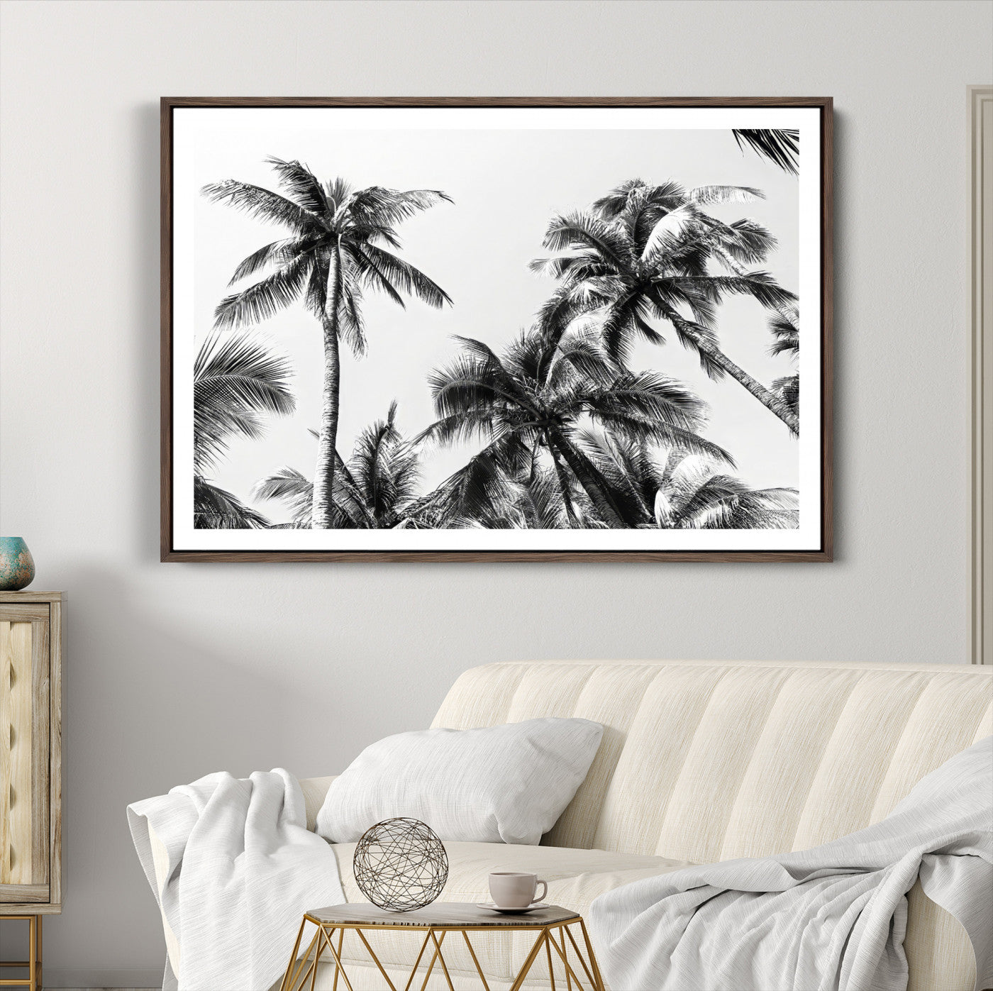 46641801-MGC-FP-36x24-Palm Wall Art Canvas Print, Framed Tropics Art Picture Print, Monochrome Perfect Minimalist Decor