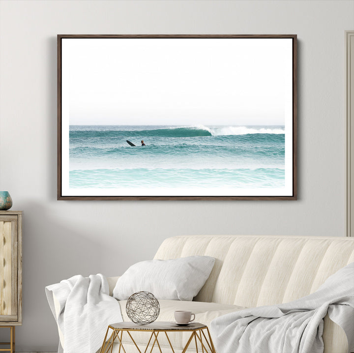 Surfing Wall Art Canvas Print, Framed Ocean Art Picture Print, Waves Perfect Minimalist Decor