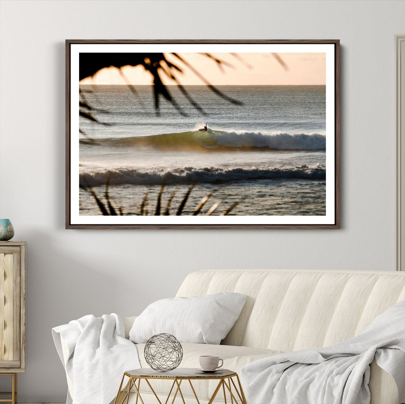 24896468-MGC-FP-36x24-Sunset Surf Wall Art Canvas Print – Framed Golden Hour Waves Scene Artwork for Boho Home, Office, Living Room Decor