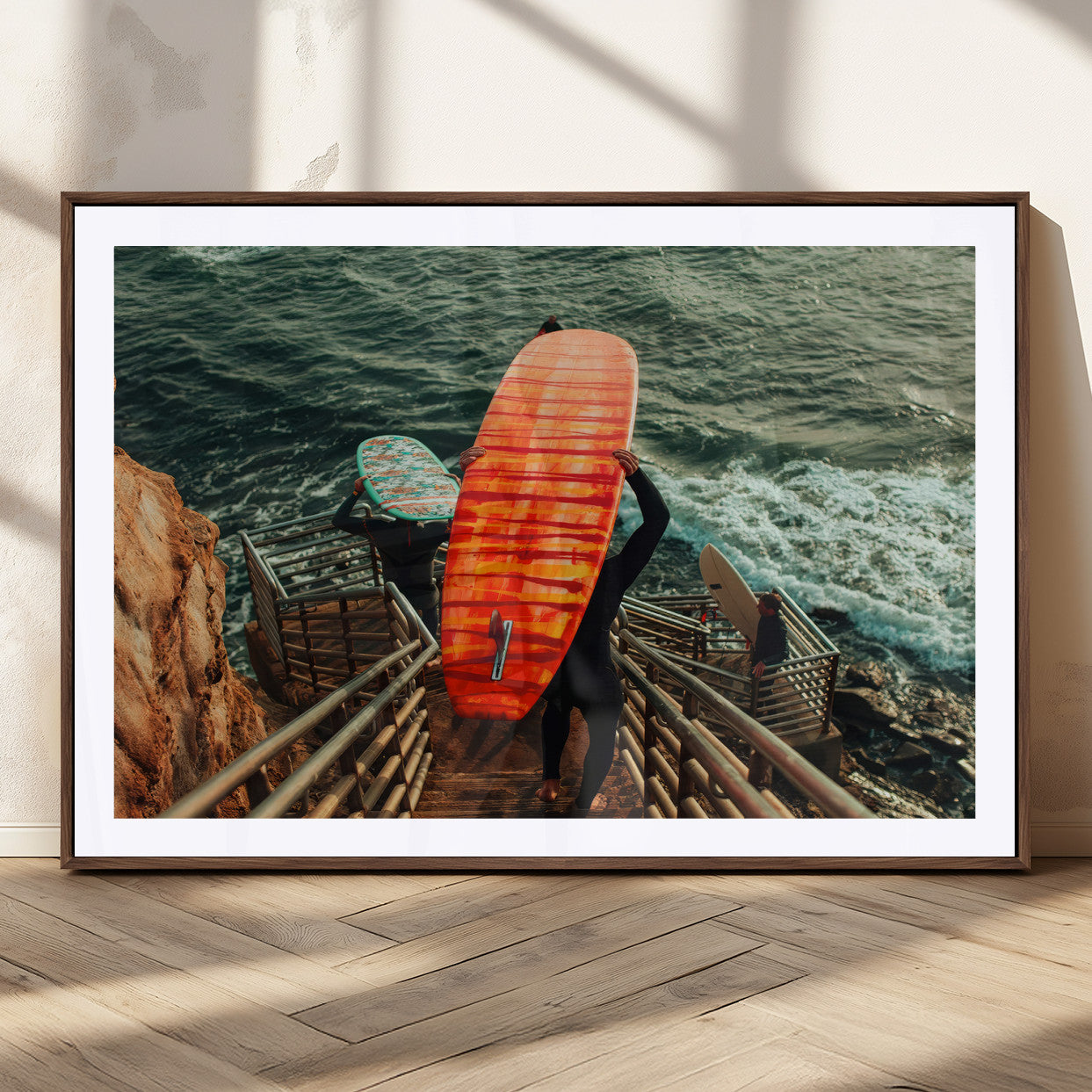 MGC-FP-36x24 - Surfer Stairway Wall Art Canvas Print, Framed Ocean Surf Art Picture Print, Sunset Coastal Perfect Coastal Adventure Decor Artwork