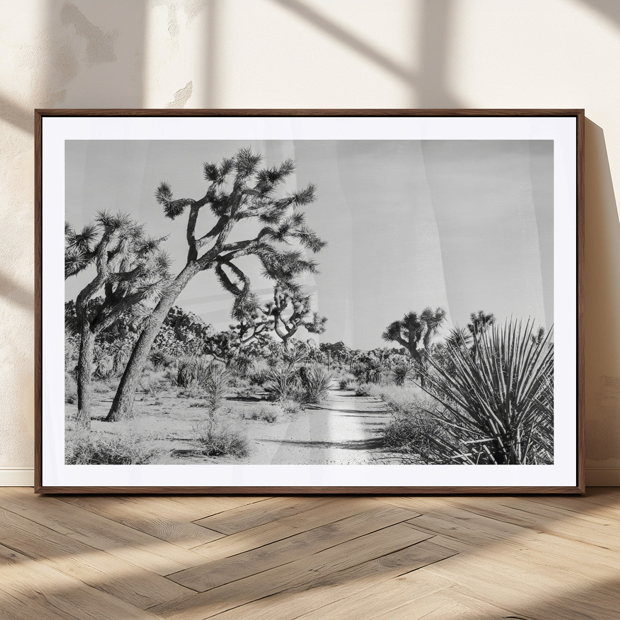 Canvas of a Joshua Tree forest in black and white tones, featuring a desert path and spiky vegetation, ideal for minimalist or rustic decor.