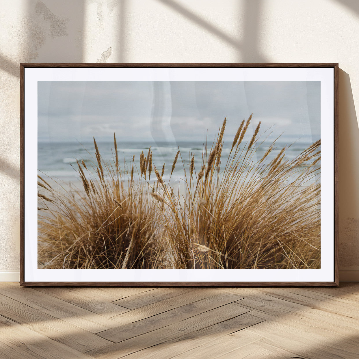 14270839-MGC-FP-36x24_Walnut-Beach Grass Wall Art – Framed Coastal Dunes Canvas Artwork, Minimal Seaside Design, Modern Coastal Decor for Home, Office