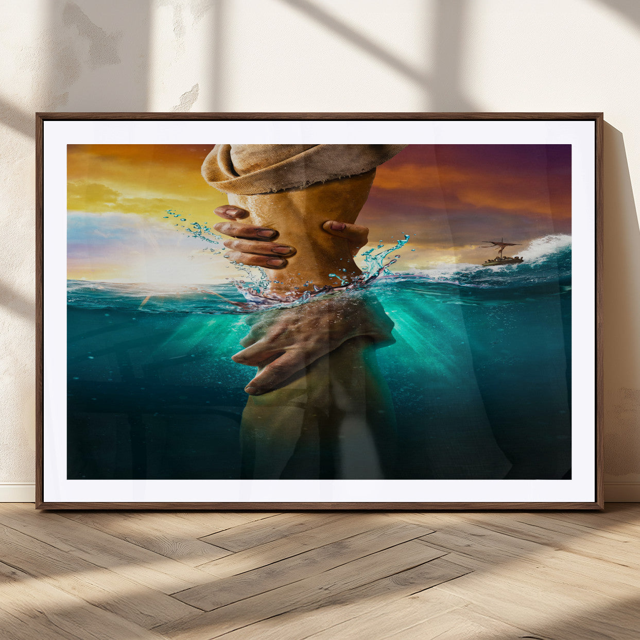 A dramatic scene of a hand reaching underwater and being lifted, symbolizing rescue and faith, ideal for spiritual or Christian wall decor.