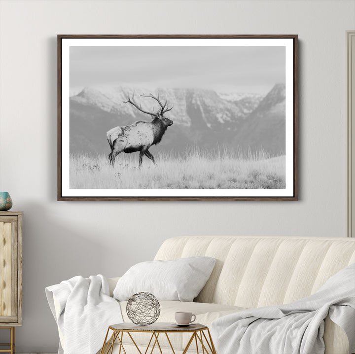 Rustic Elk Wall Art Canvas Print, Wildlife Antler Print, Framed Western Hunting Lodge Art Print, Large Mountain Nature Scene Printing Perfect for Japanese Decor