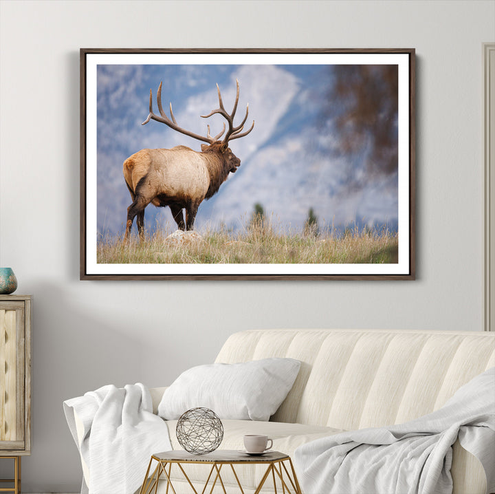 Rustic Elk Wall Art Canvas Print, Wildlife Antler Print, Framed Western Hunting Lodge Art Print