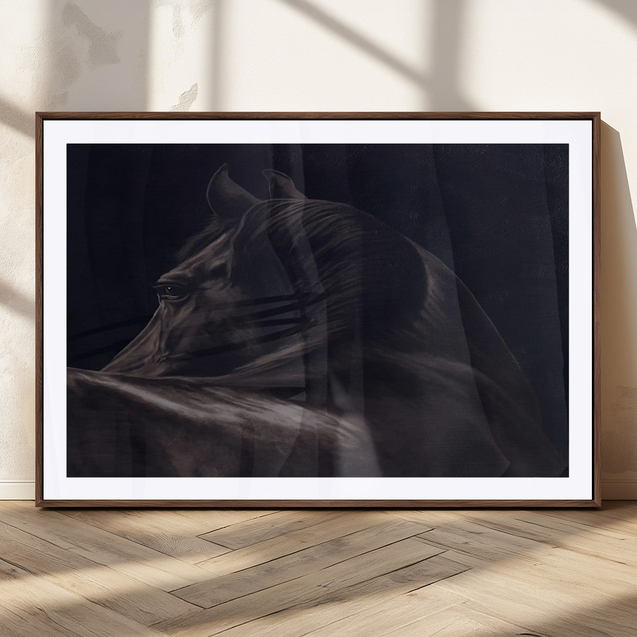 Moody black horse portrait with dramatic lighting on dark background, ideal for rustic, modern or Western style home decor.
